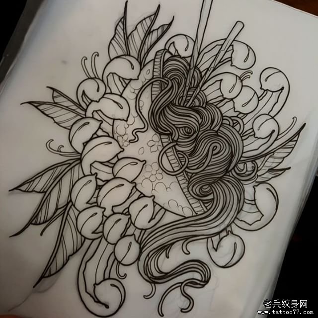 传统菊花拉面纹身图案线稿