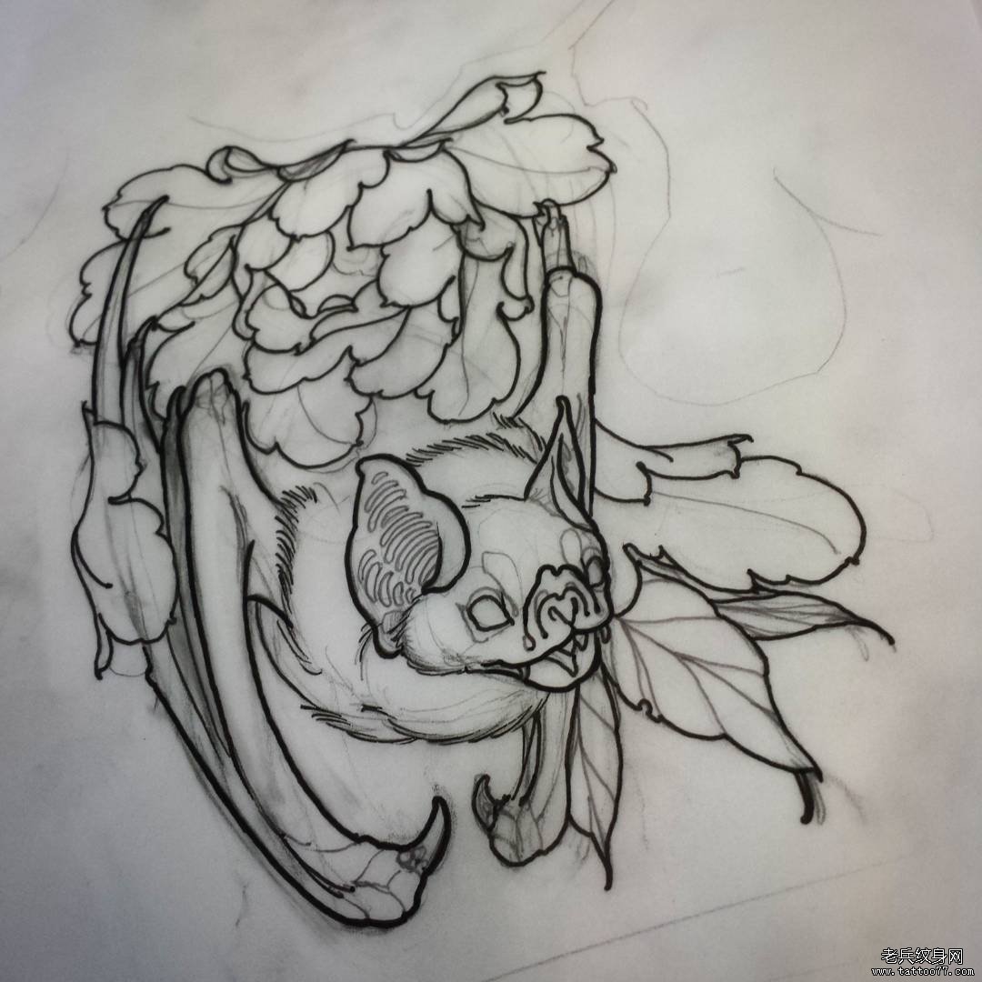 牡丹蝙蝠纹身图案线稿