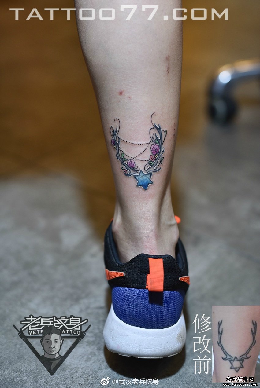 武汉女纹身师打造的小腿鹿角六芒星纹身作品