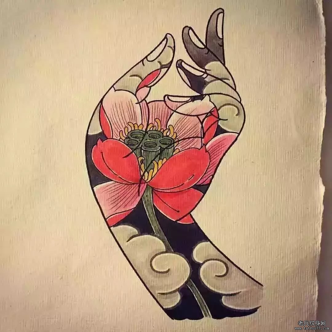 传统佛手莲花纹身图案手稿