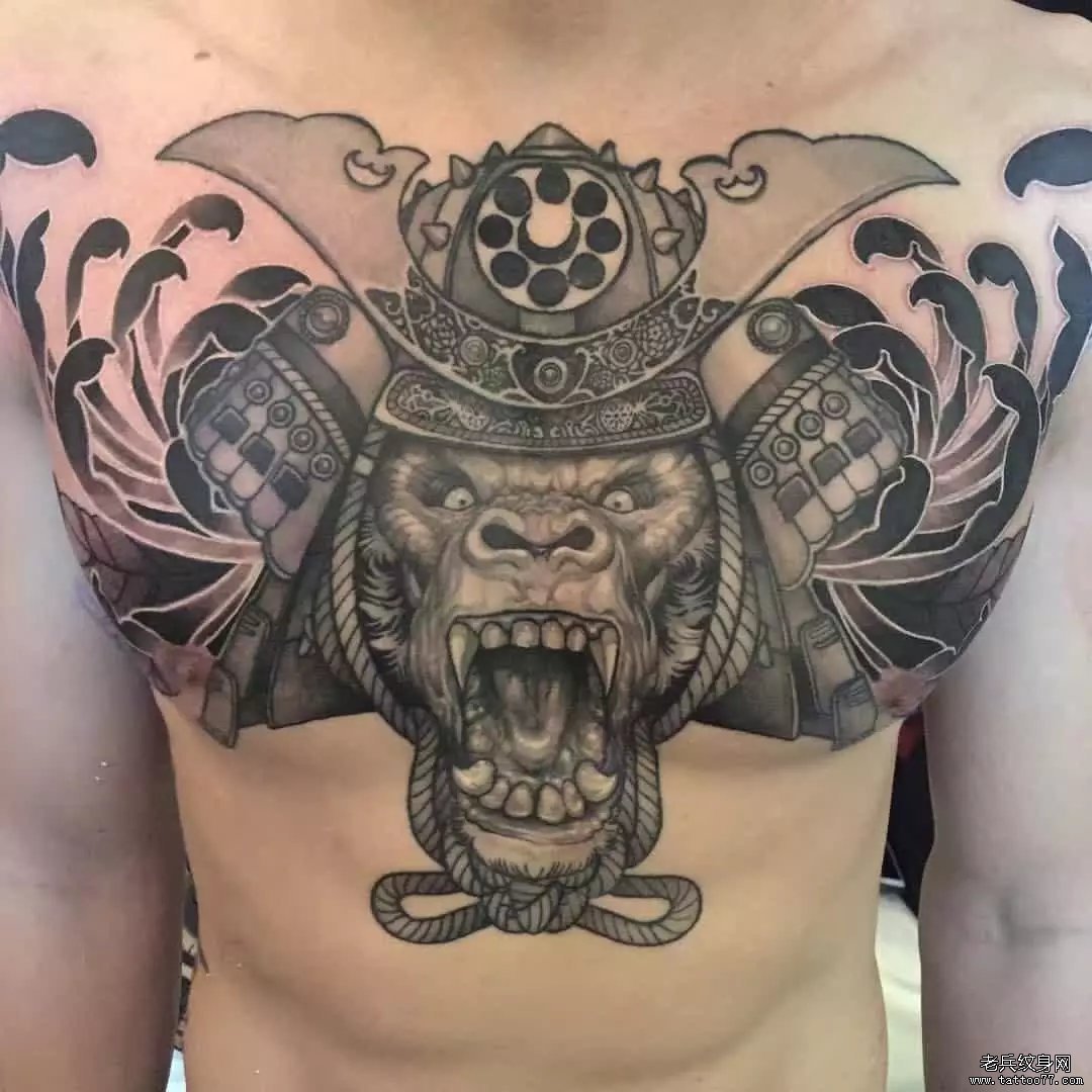 欧美花胸猩猩武士菊花纹身图案