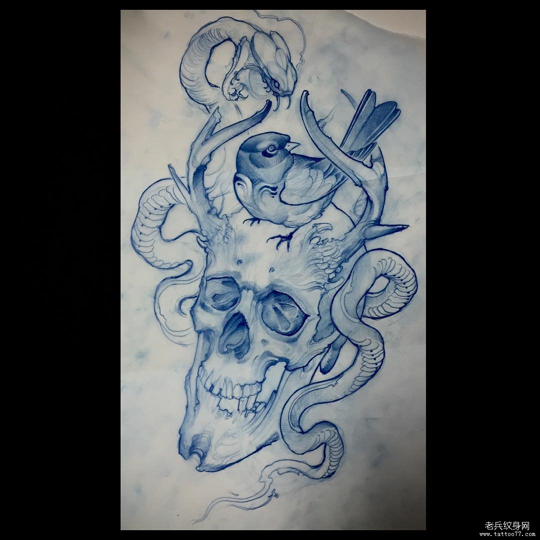 欧美骷髅鸟蛇纹身图案手稿