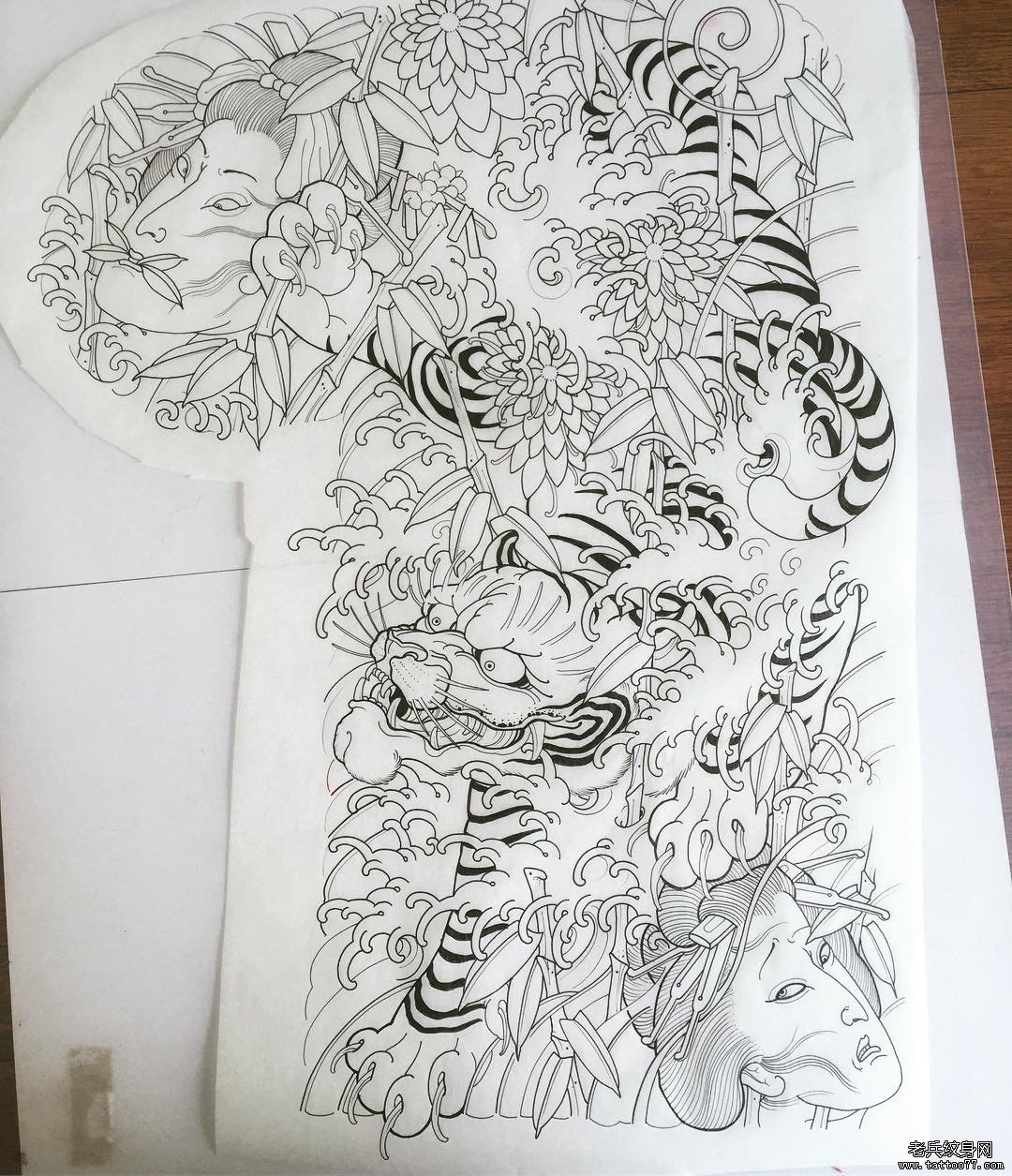 半胛老虎艺妓菊花纹身图案手稿