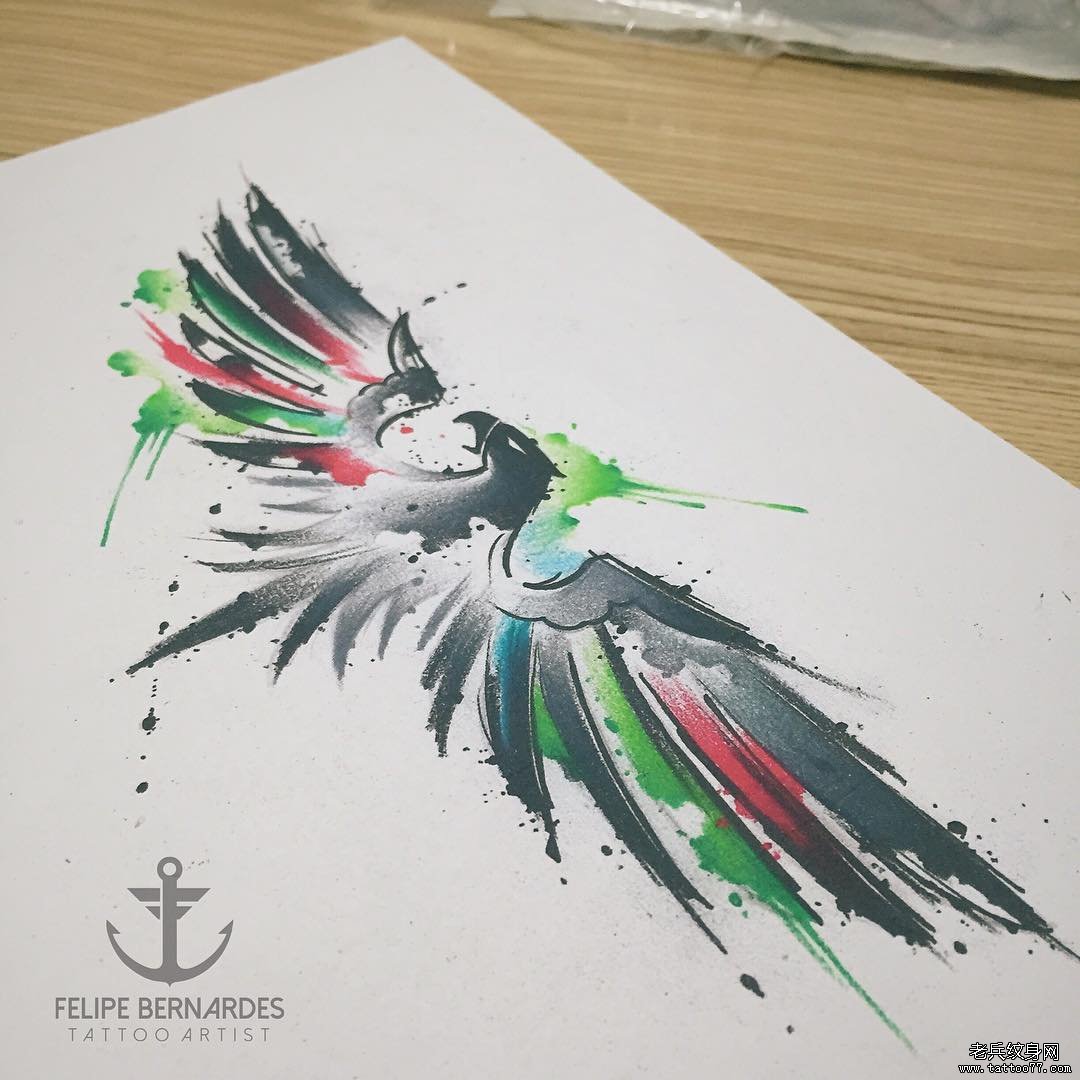 泼墨老鹰水彩欧美纹身图案手稿