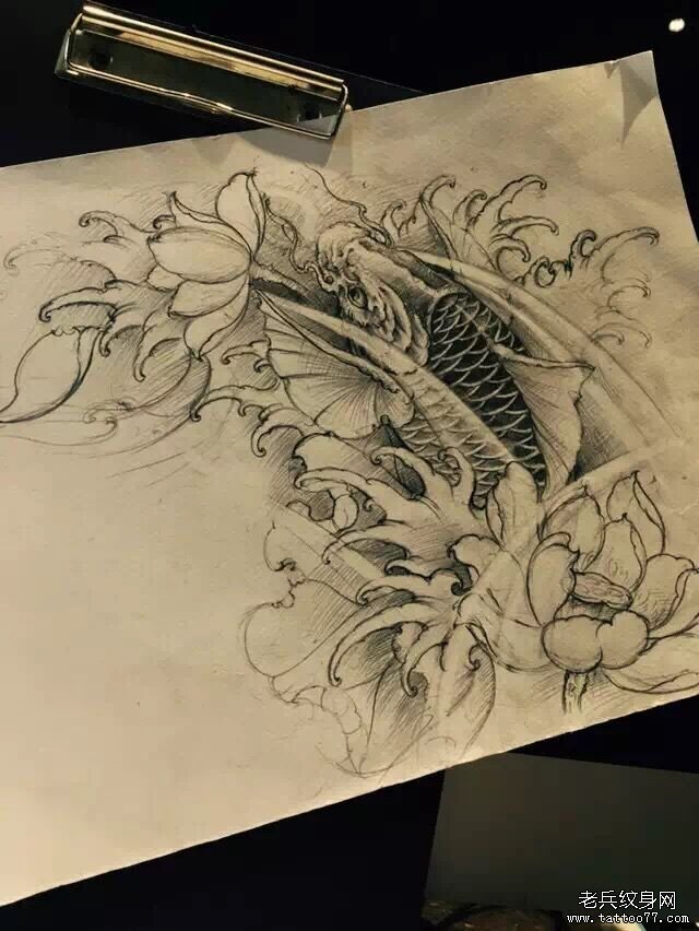 鲤鱼莲花传统黑灰纹身图案手稿