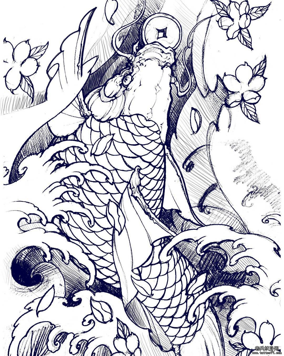 鲤鱼樱花传统纹身图案线稿