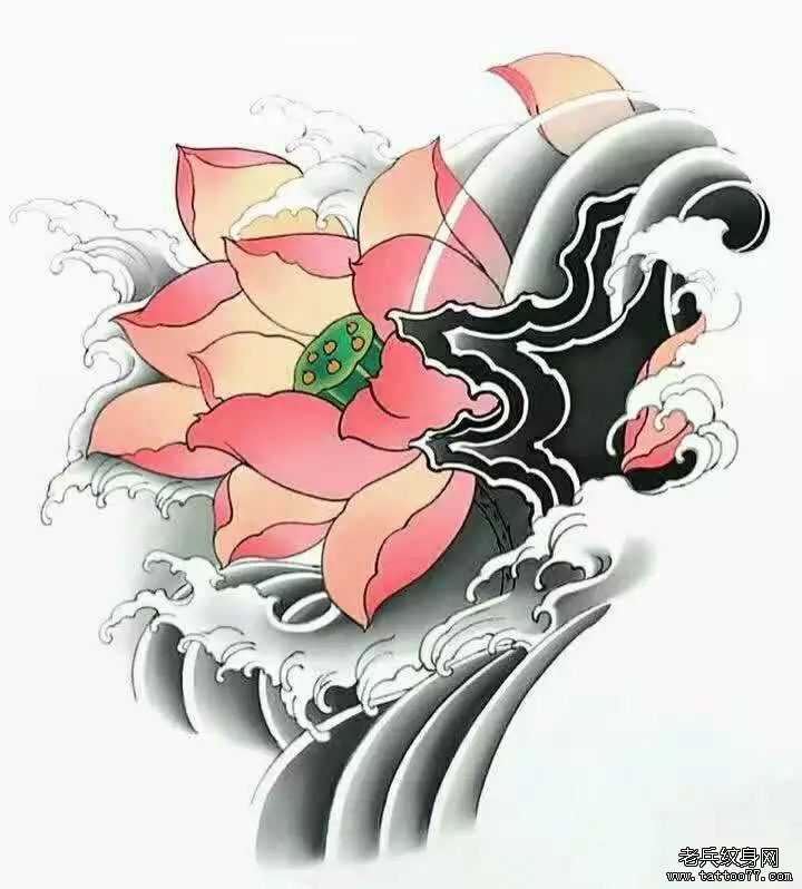 传统莲花礁石纹身图案手稿