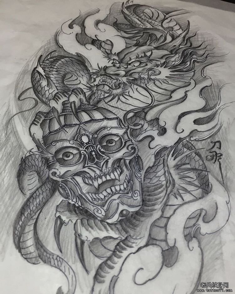 黑灰龙嘎巴拉传统纹身图案手稿