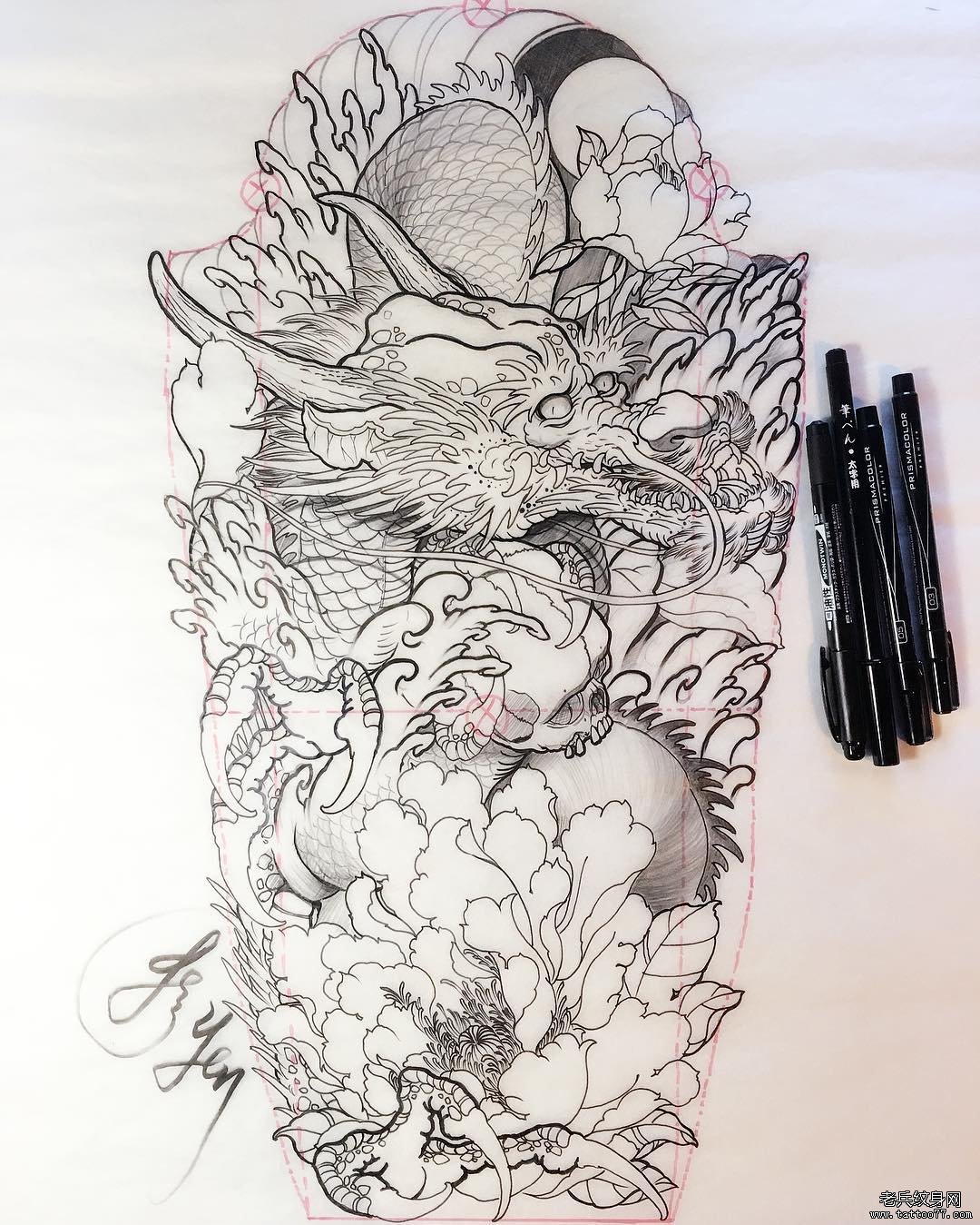传统龙纹身图案牡丹手稿