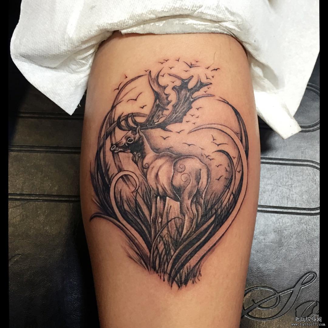 欧美黑灰鹿纹身小腿图案