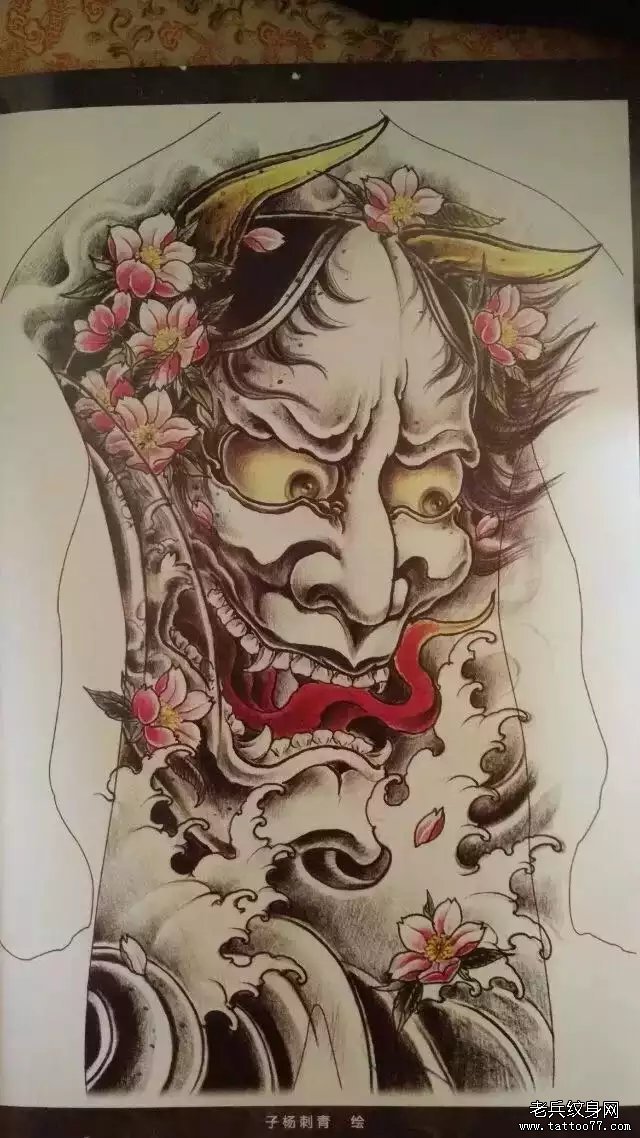 满背般若樱花纹身传统图案手稿