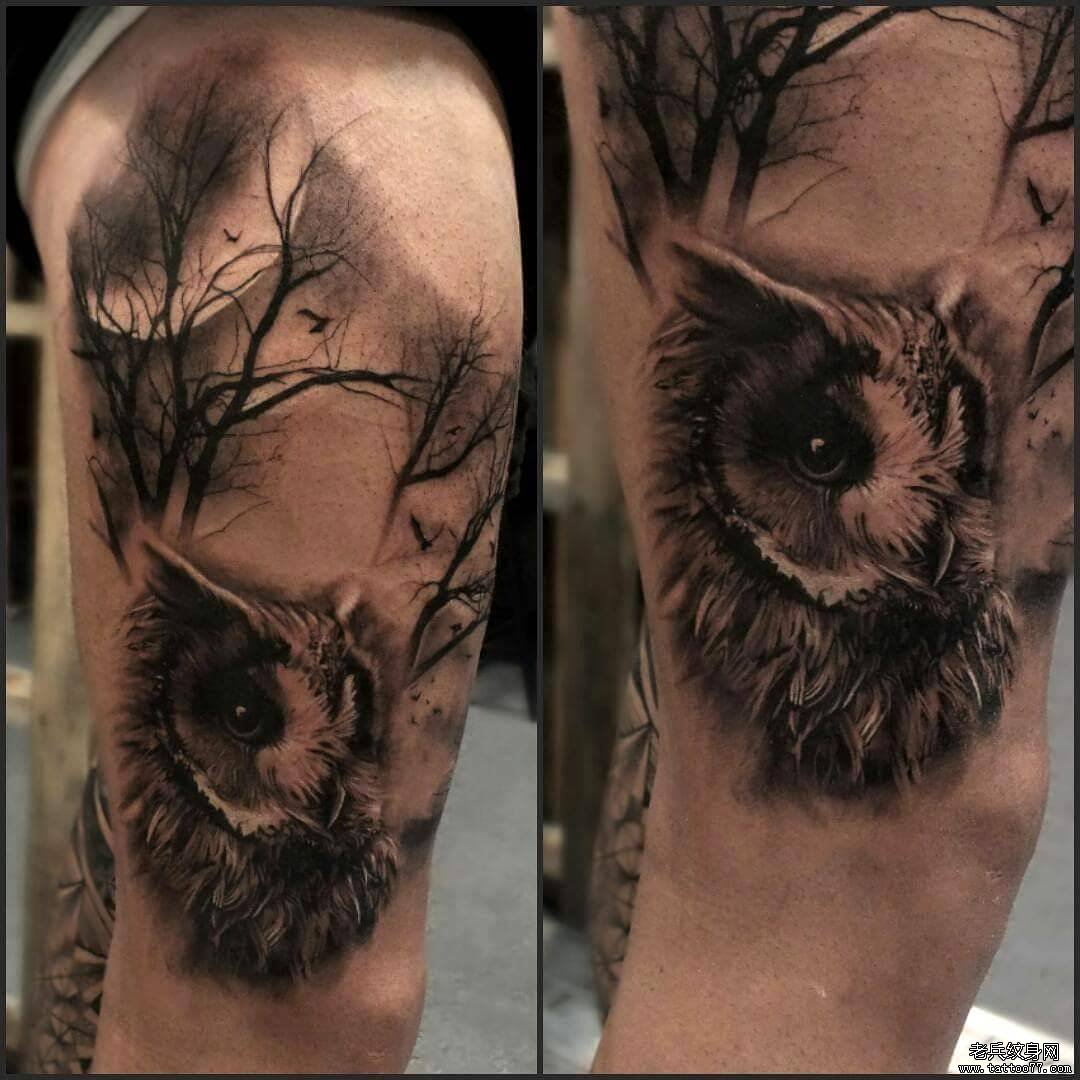 大腿黑灰猫头鹰写实欧美纹身图案