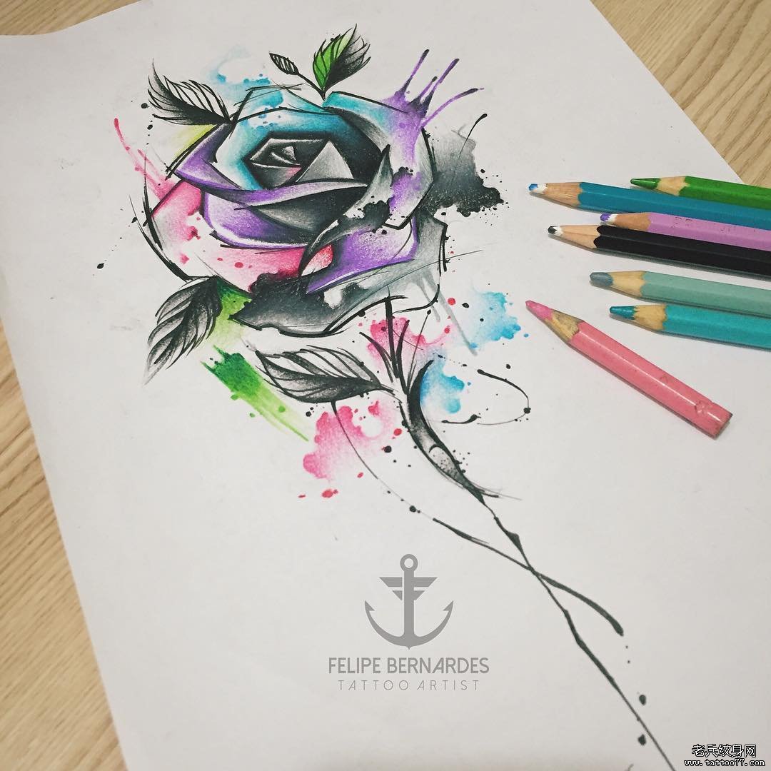 彩色玫瑰花泼墨欧美纹身图案手稿