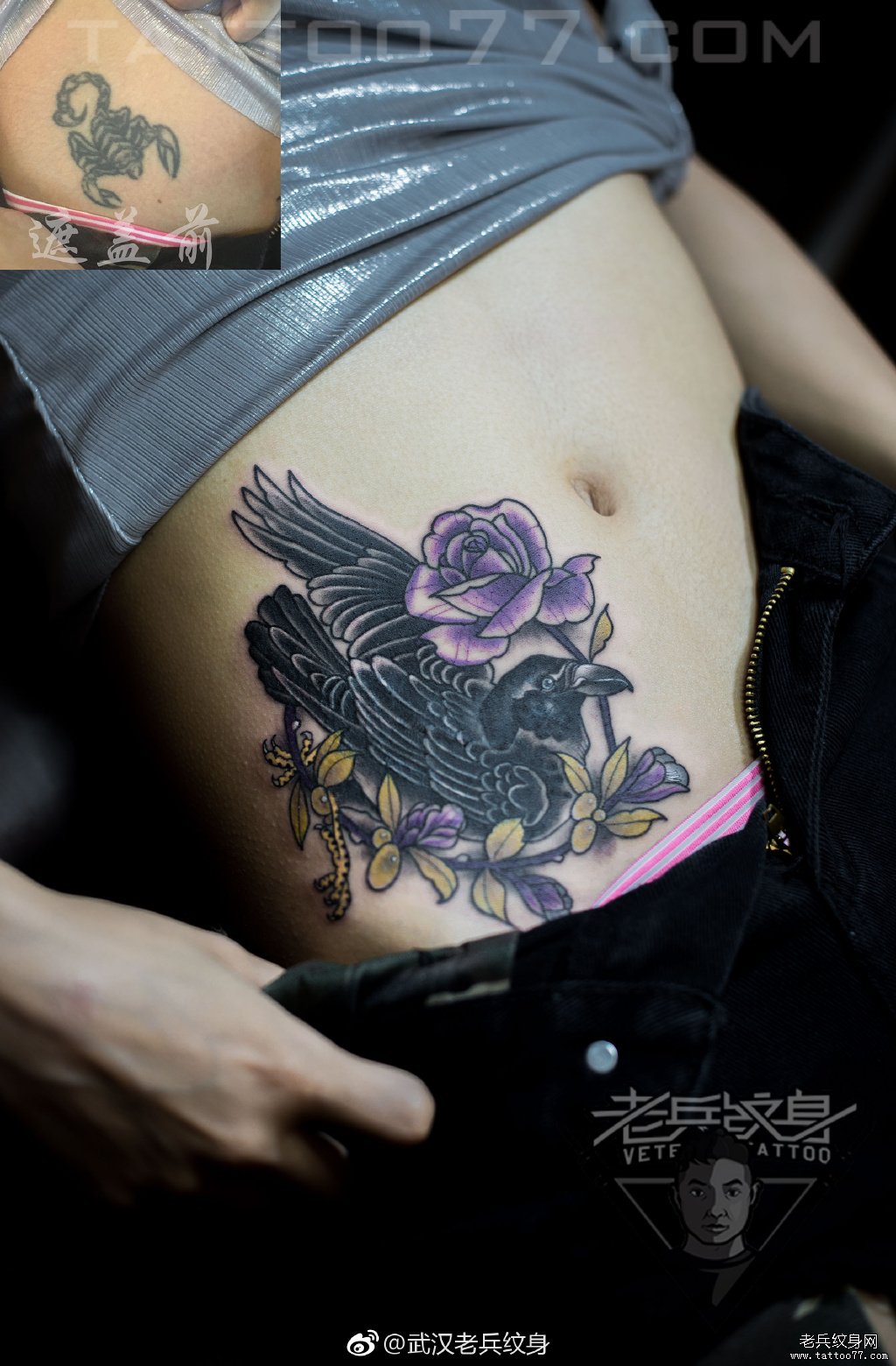 腹部鸟玫瑰花纹身图案作品遮盖旧纹身