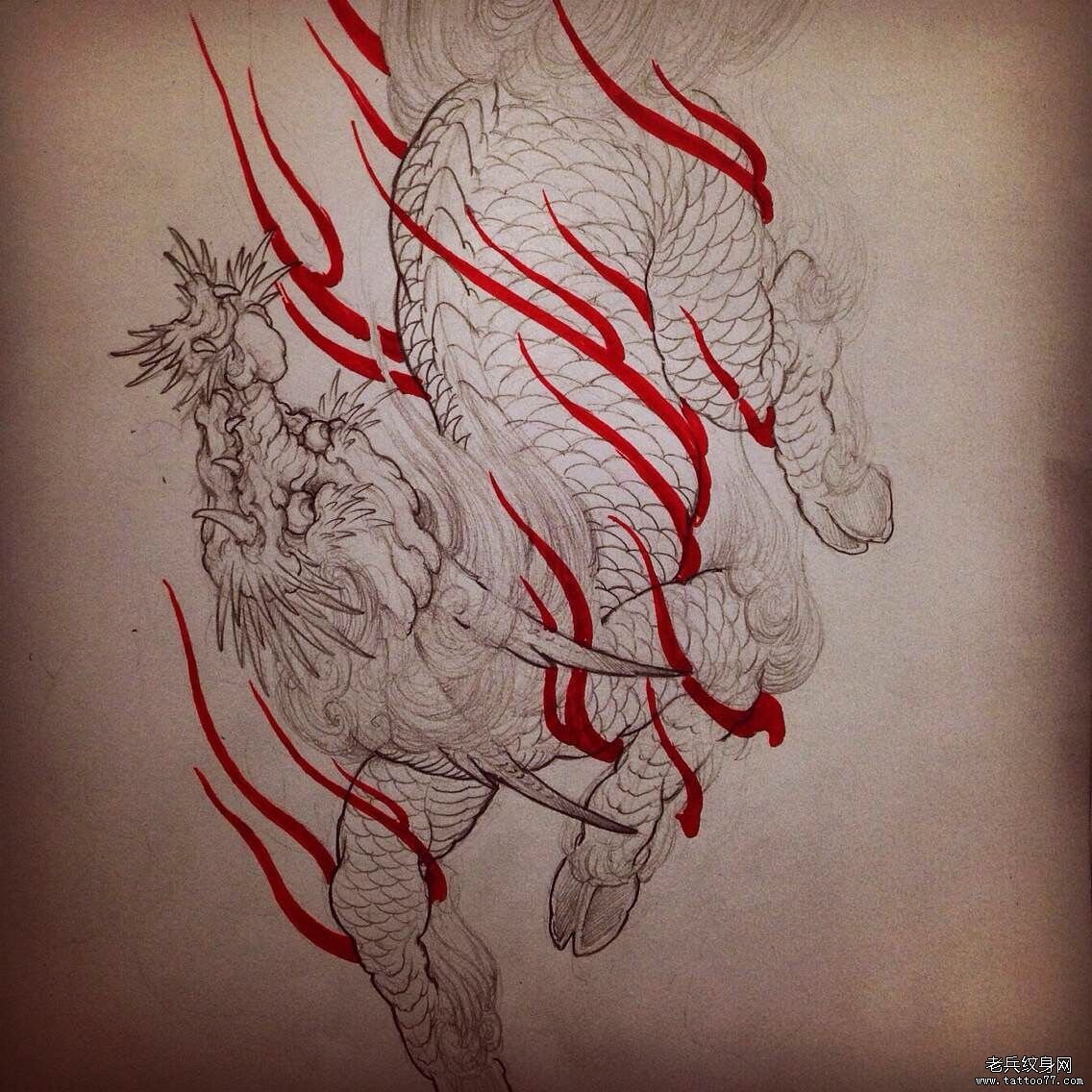 麒麟传统纹身图案线稿