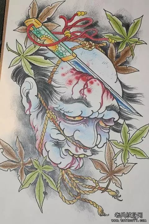 传统彩色日式生首纹身图案手稿
