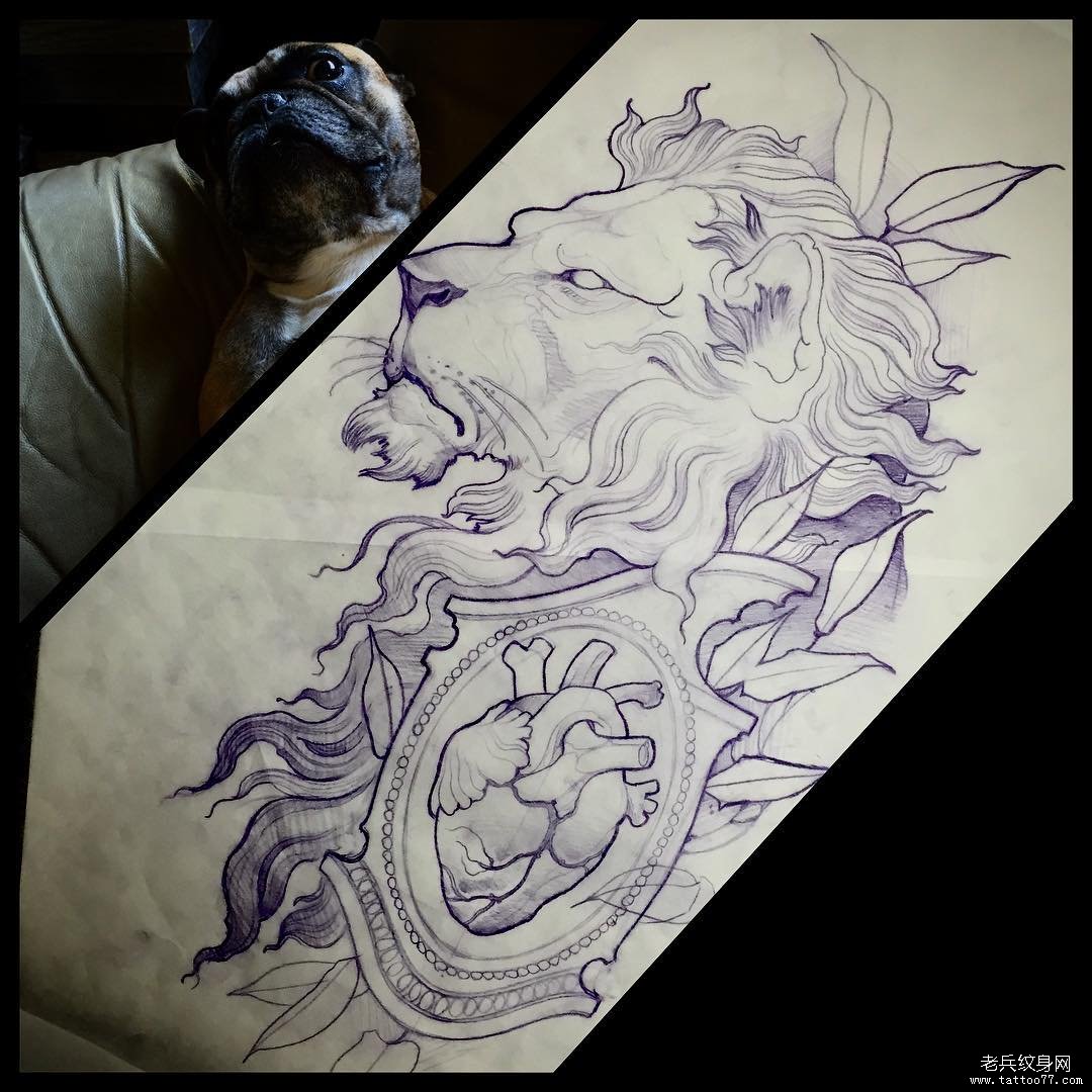 心脏狮子纹身欧美图案手稿