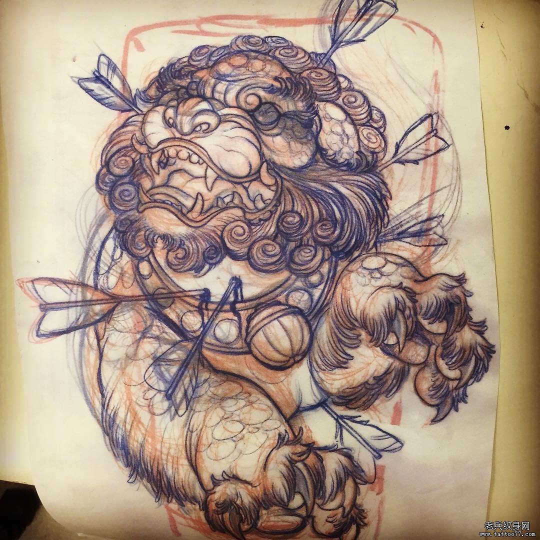 唐狮传统纹身图案手稿