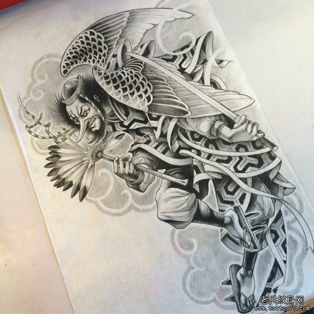 黑灰传统天狗纹身图案手稿