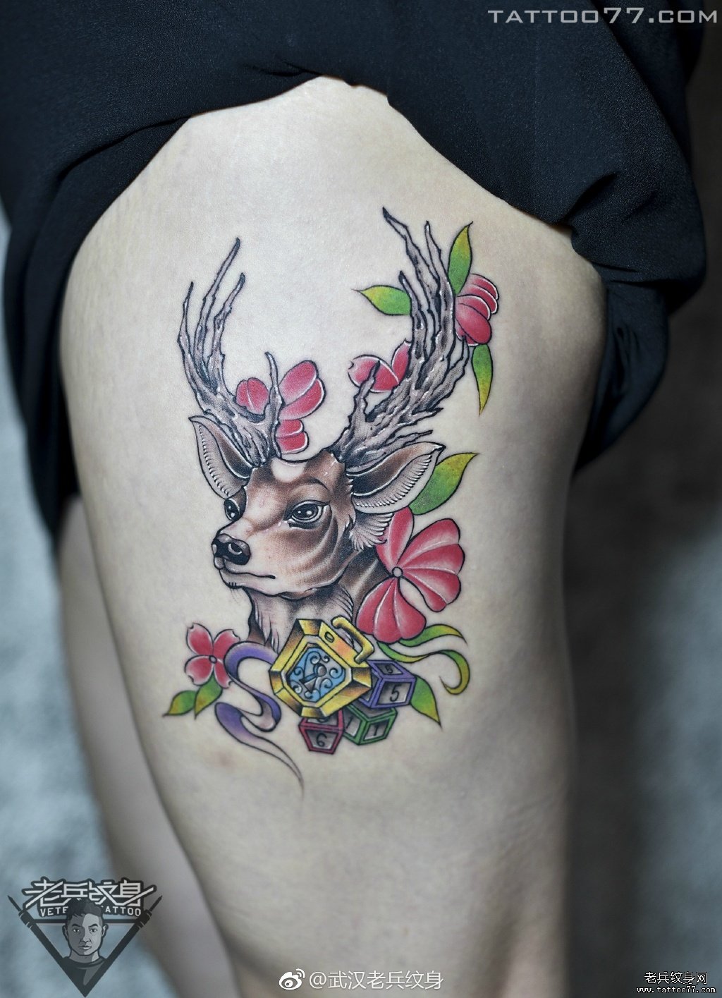 大腿鹿纹身图案作品武汉纹身师打造