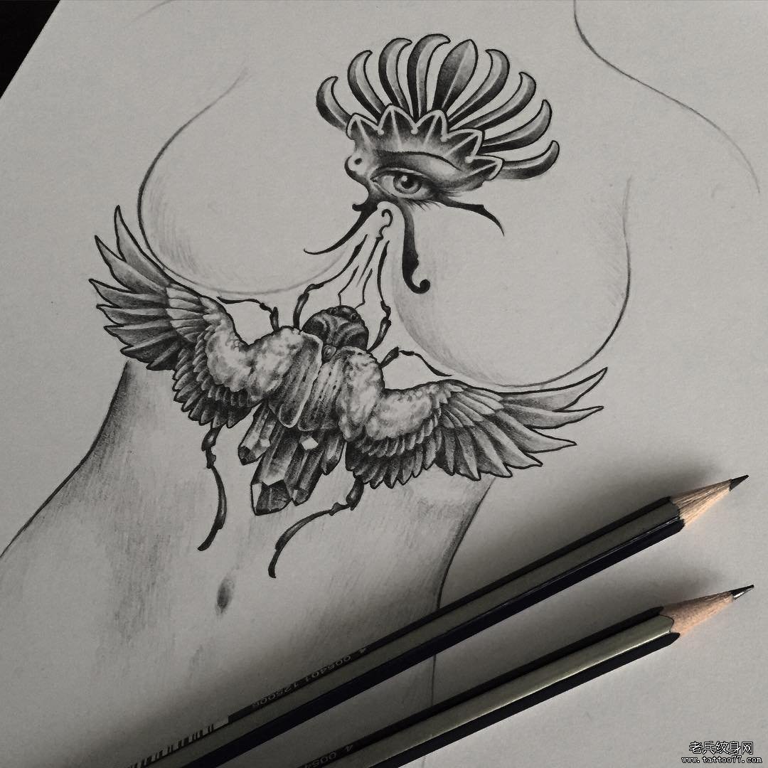 胸下鸟黑灰纹身欧美图案手稿
