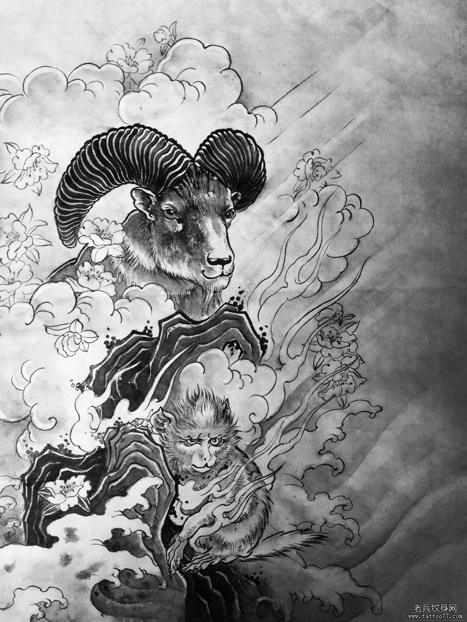 传统黑灰猴子羊纹身图案手稿