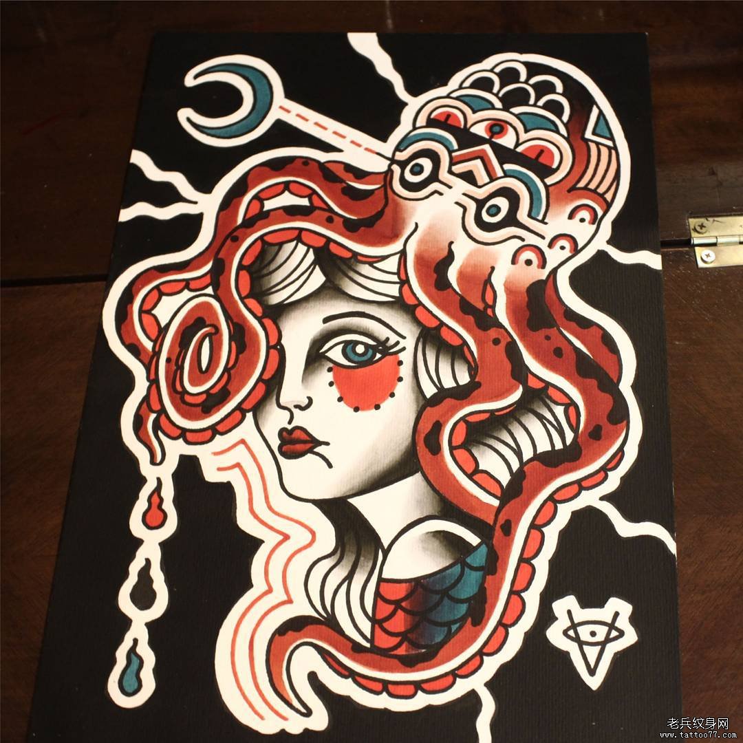 彩色old school 女郎章鱼纹身图案手稿