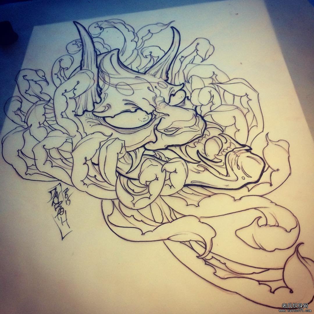 般若菊花纹身图案传统线稿