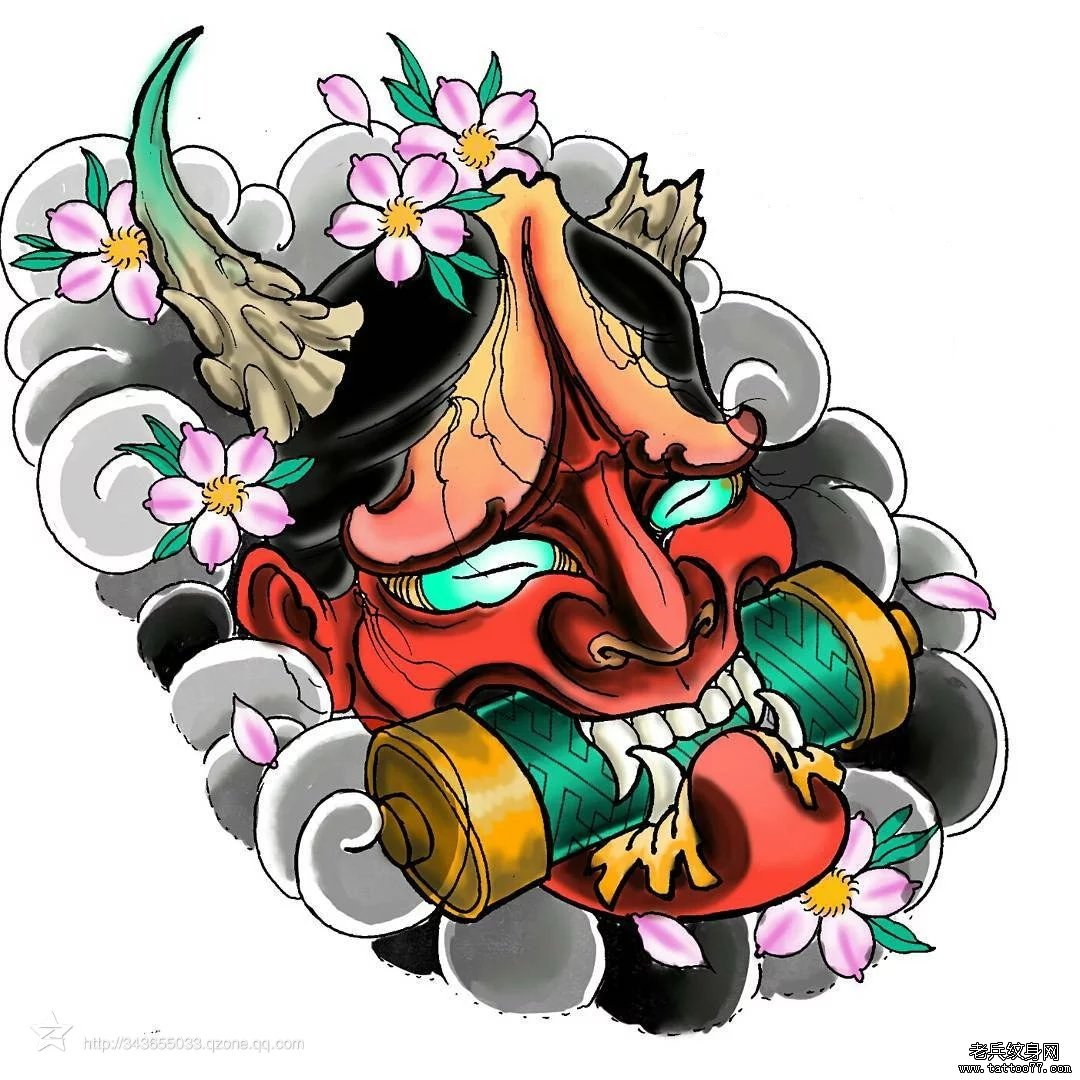 般若樱花彩色传统纹身图案手稿