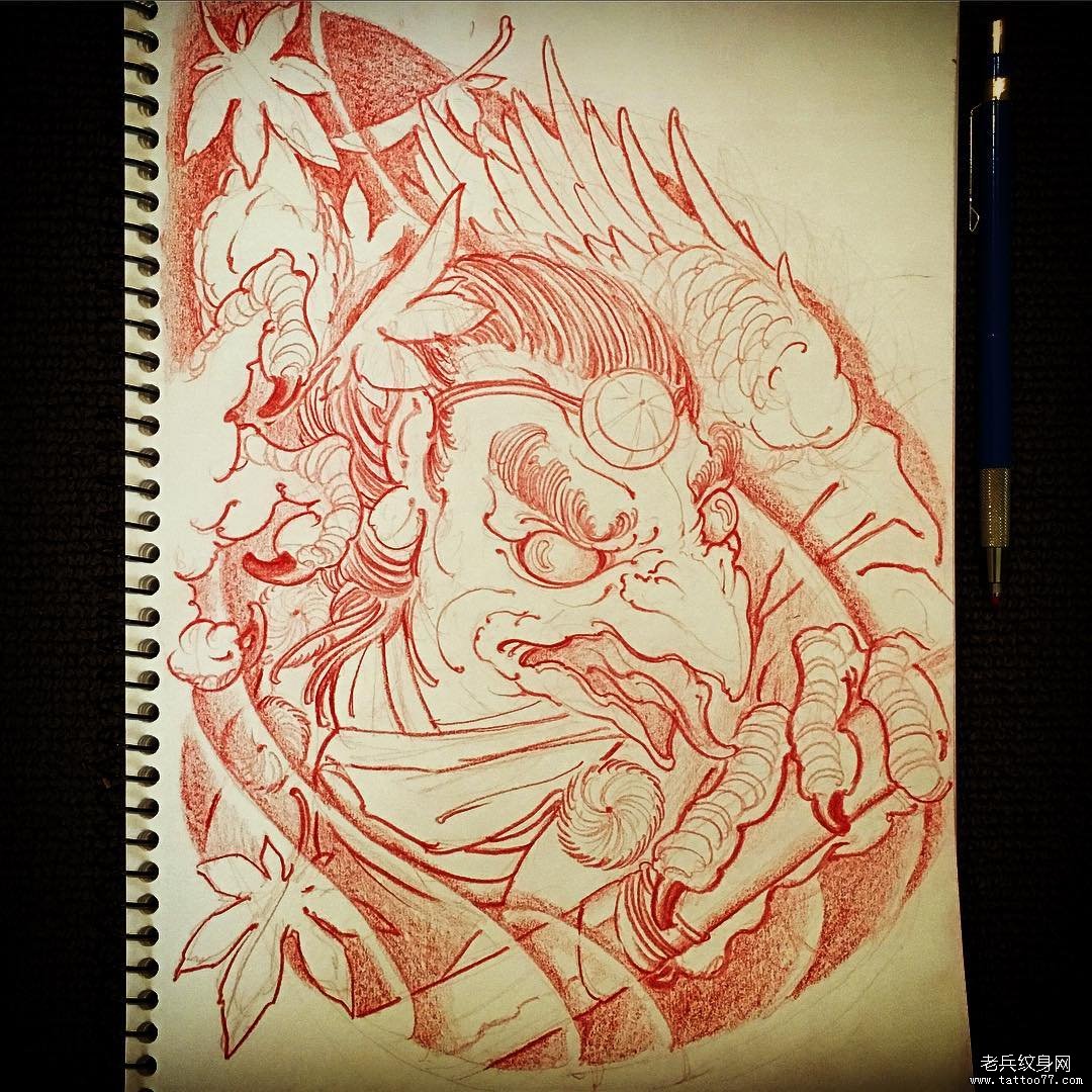 天狗传统胸口纹身图案手稿