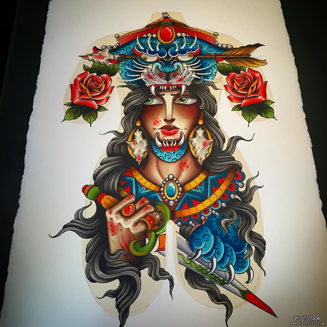 彩色old school 女郎豹子纹身图案手稿