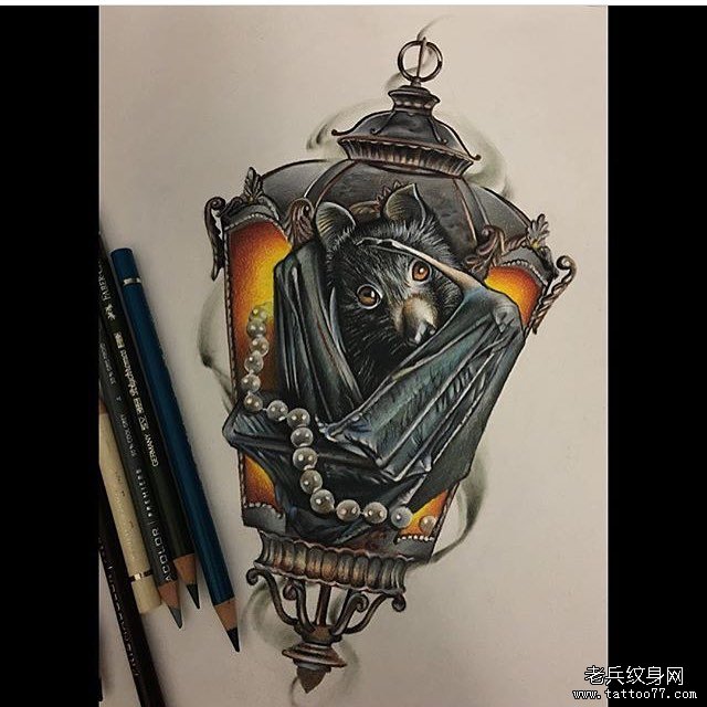 彩色欧美蝙蝠灯纹身图案手稿
