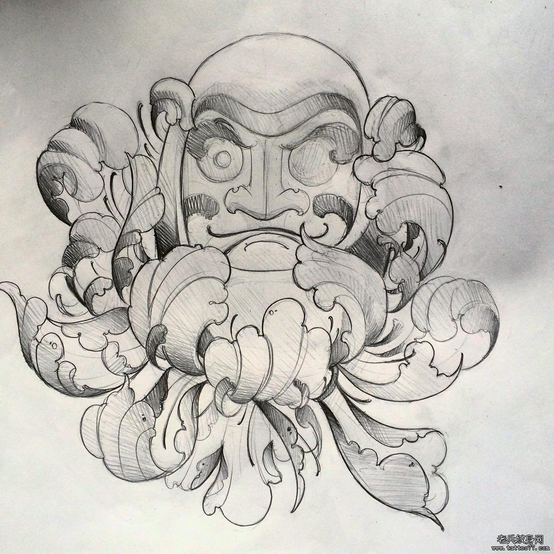 菊花达摩传统纹身图案手稿