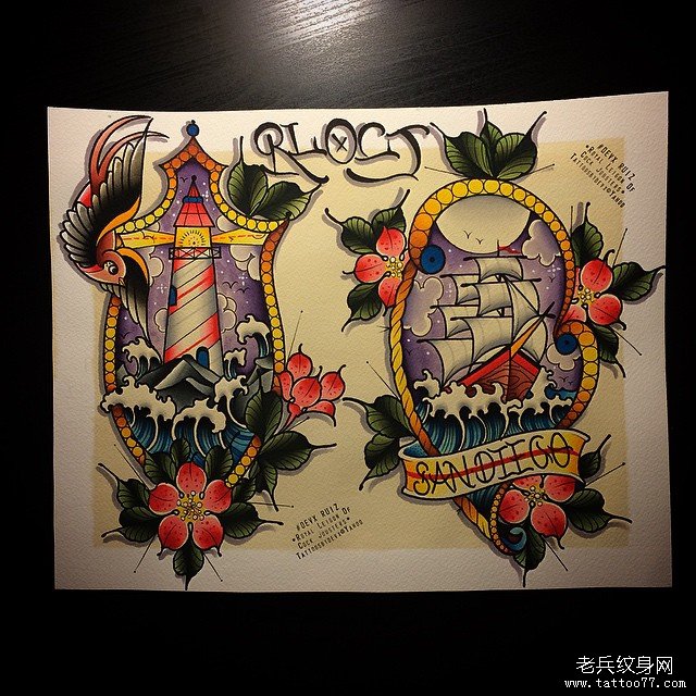 彩色old school 灯塔帆船纹身图案手稿