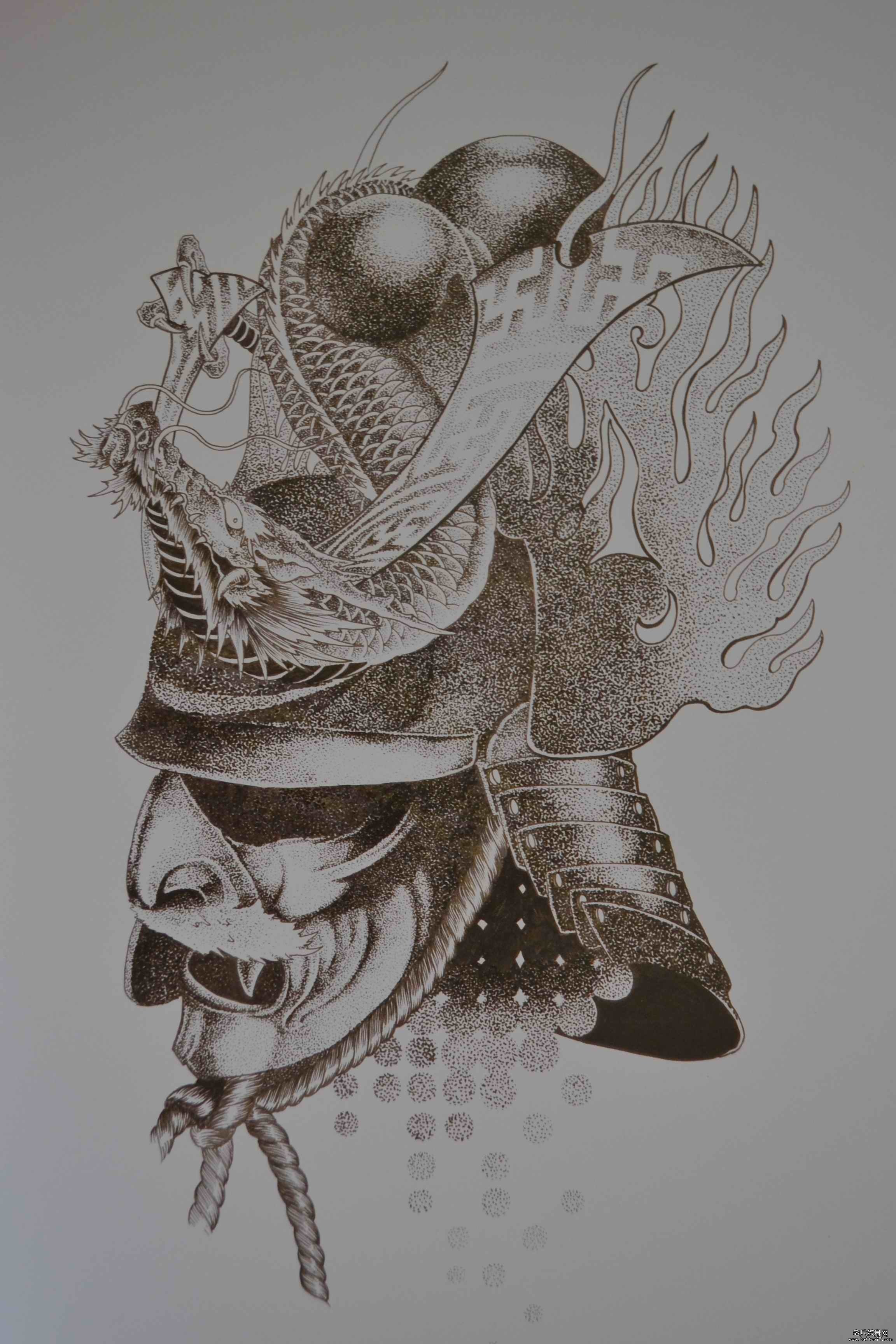 传统点刺黑武士龙图案手稿