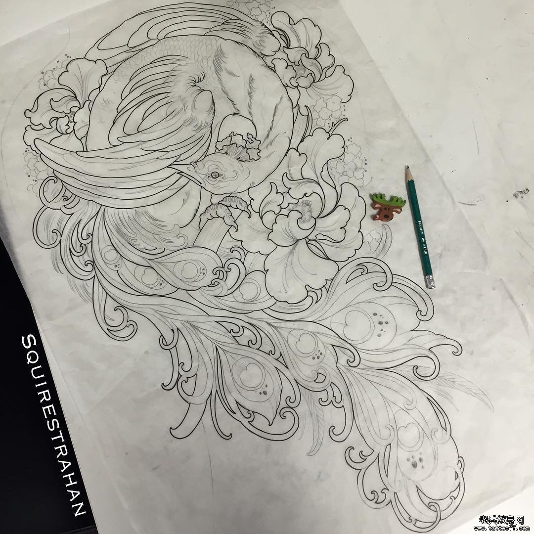 凤凰传统纹身图案线稿