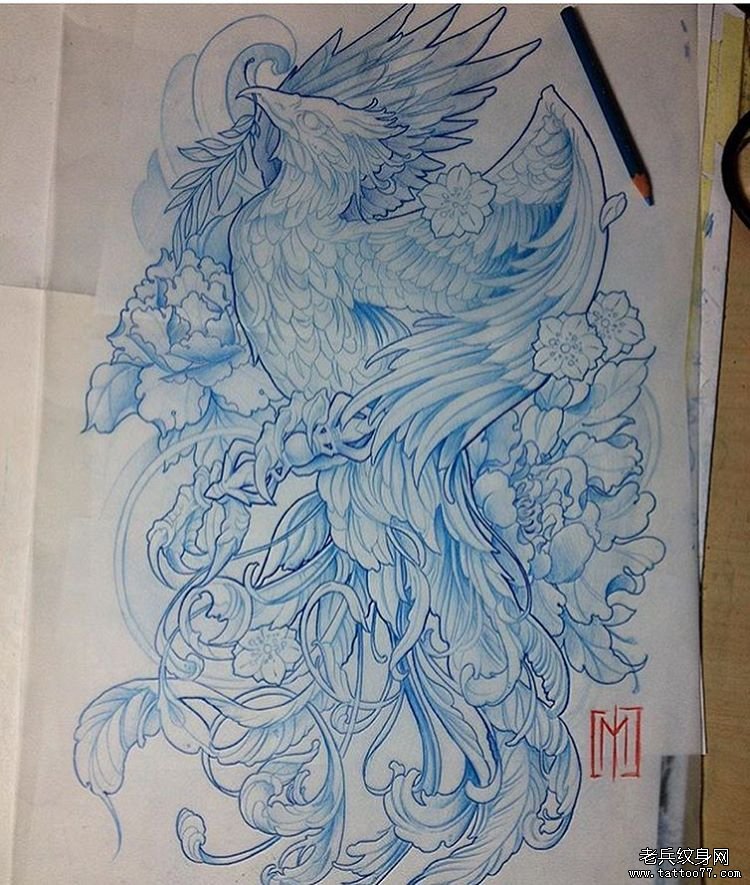 黑灰传统凤凰纹身手稿