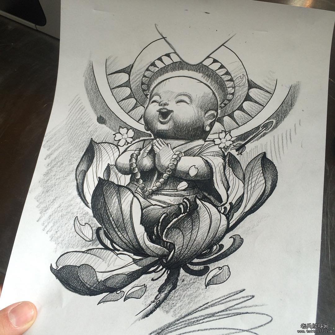 传统莲花佛纹身图案手稿
