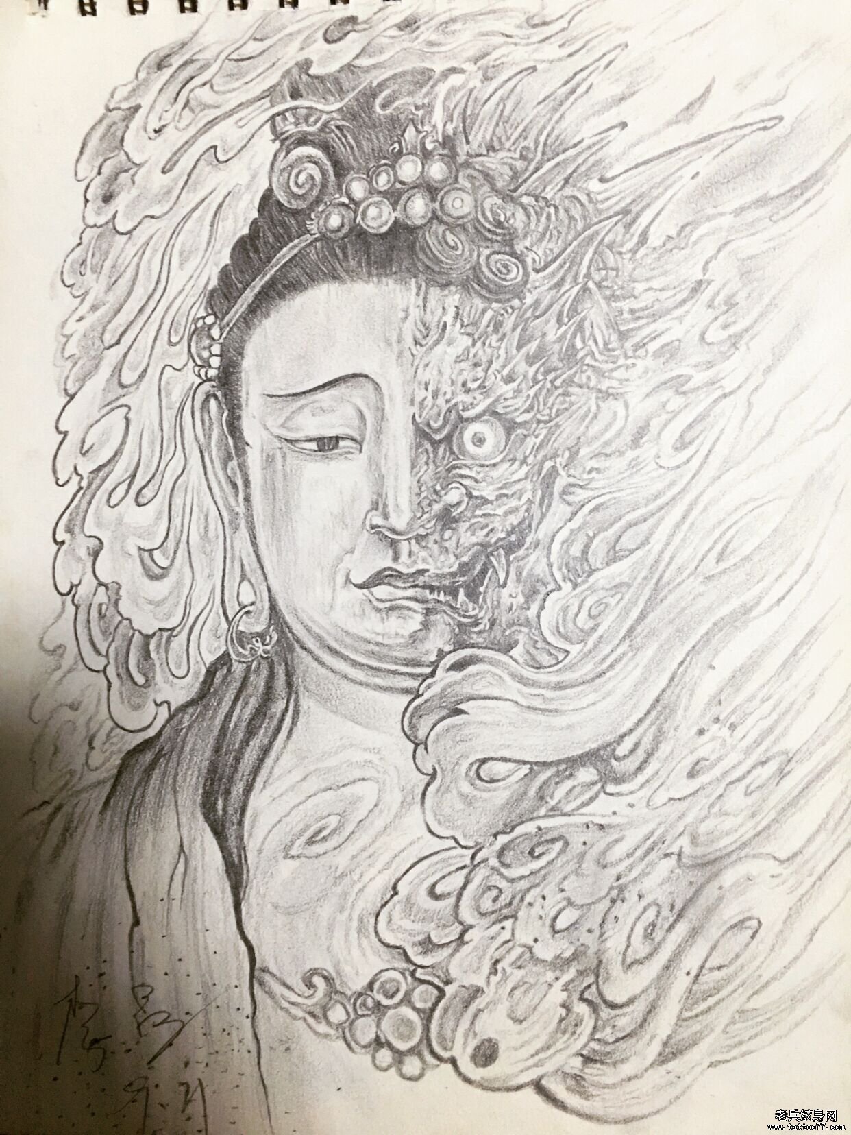 黑灰佛魔传统纹身图案手稿