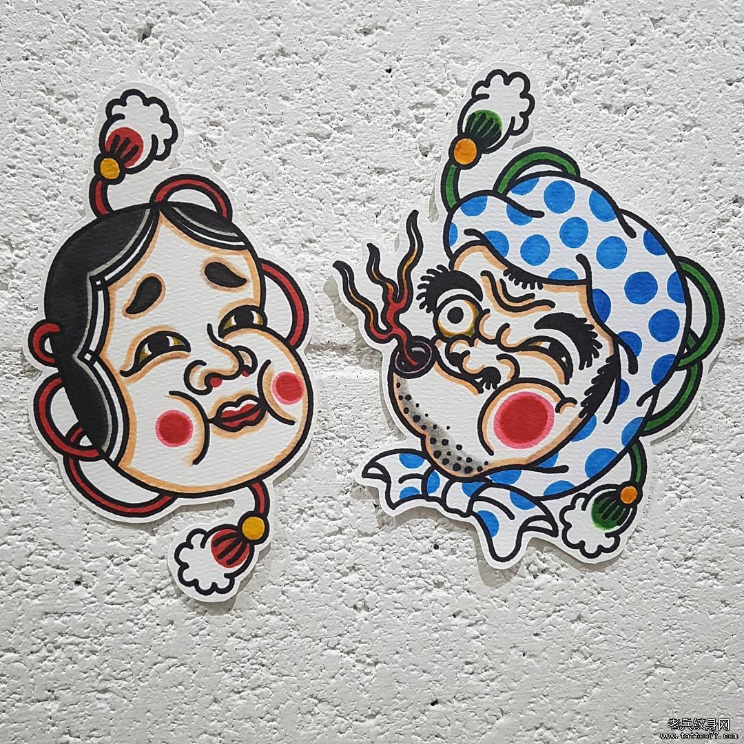 多福火男传统彩色纹身图案手稿