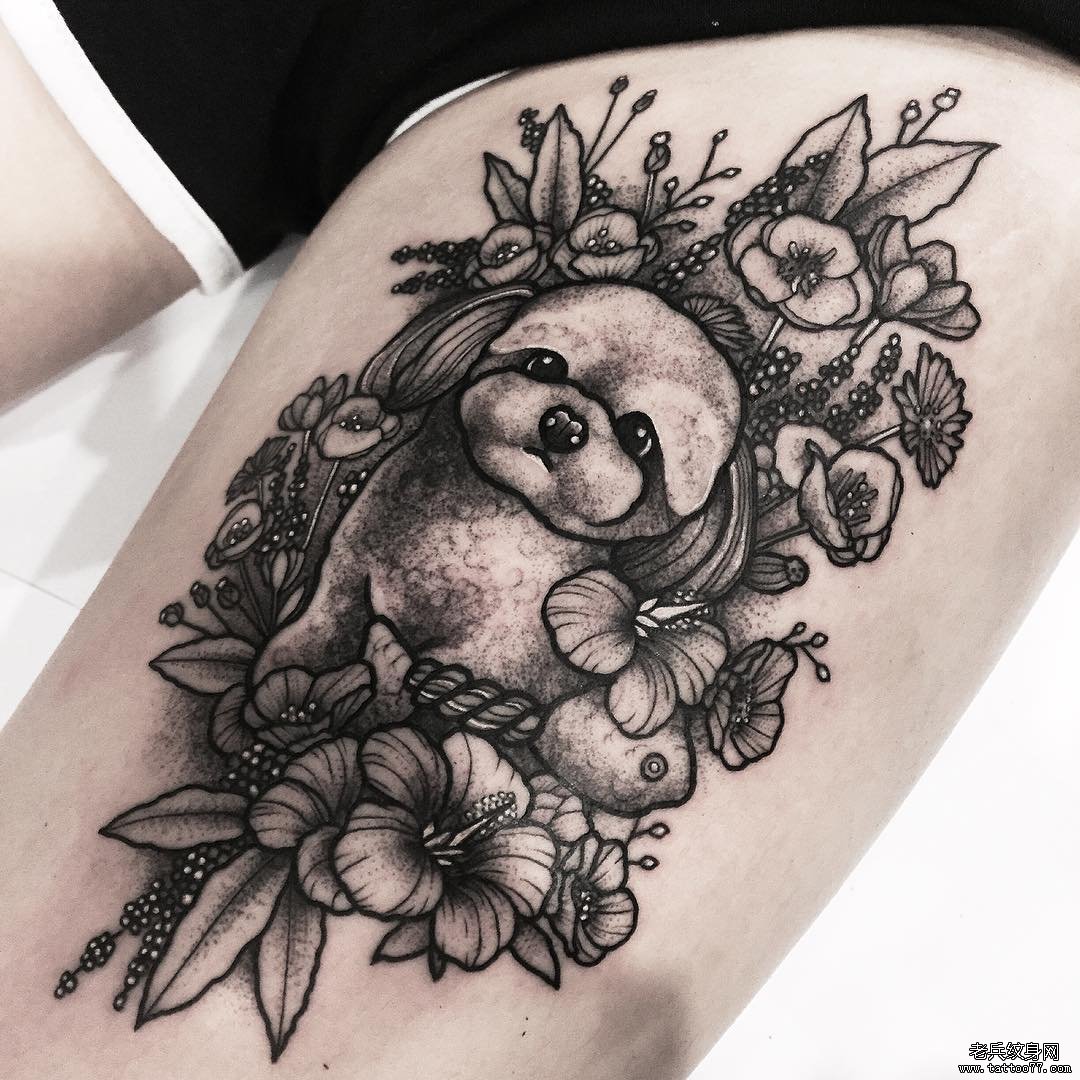 大腿花卉狗欧美纹身图案