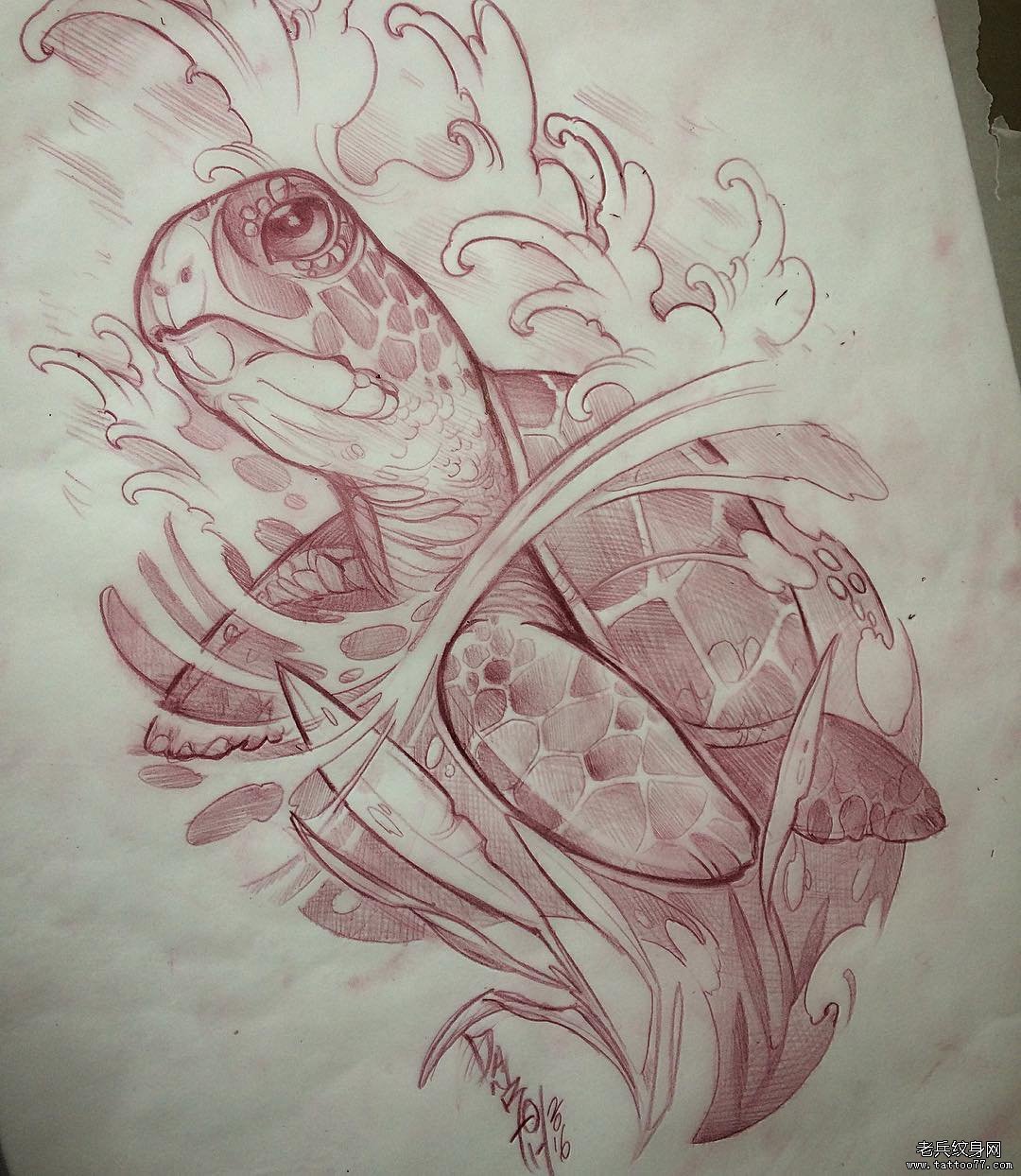 海龟纹身欧美图案手稿