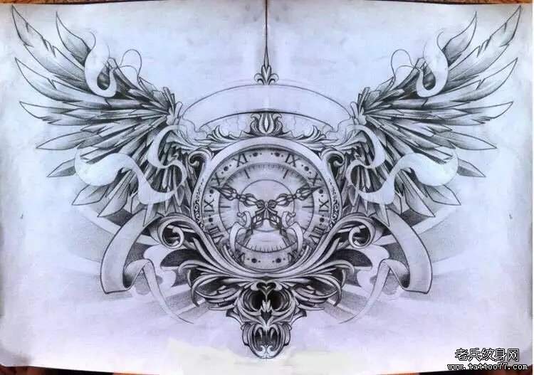 黑灰欧美时钟翅膀纹身图案手稿