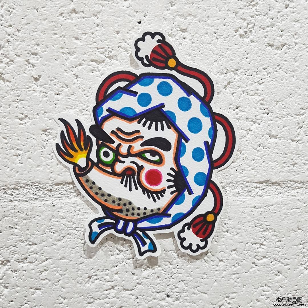 彩色火男纹身传统图案手稿