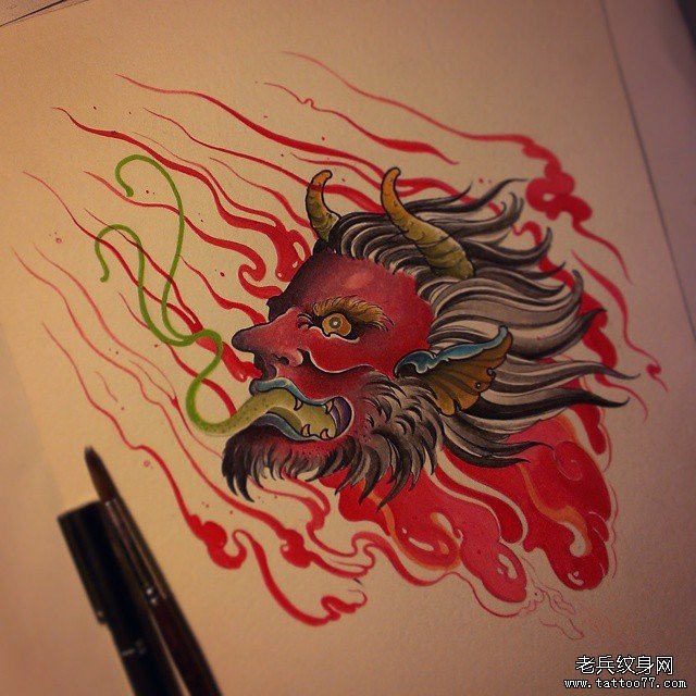 传统火焰妖怪彩色纹身图案手稿