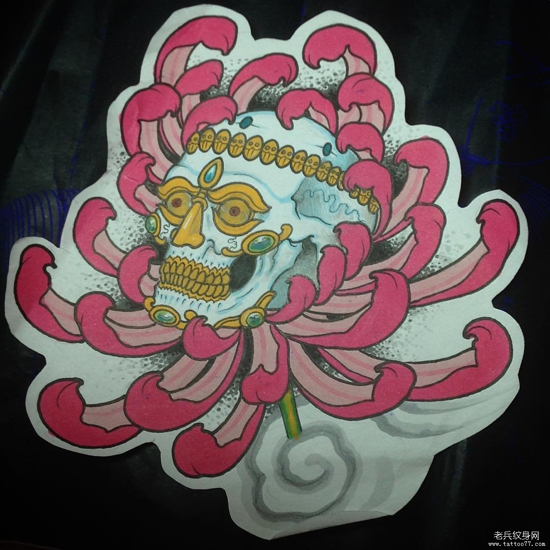 彩色菊花嘎巴拉传统纹身图案手稿