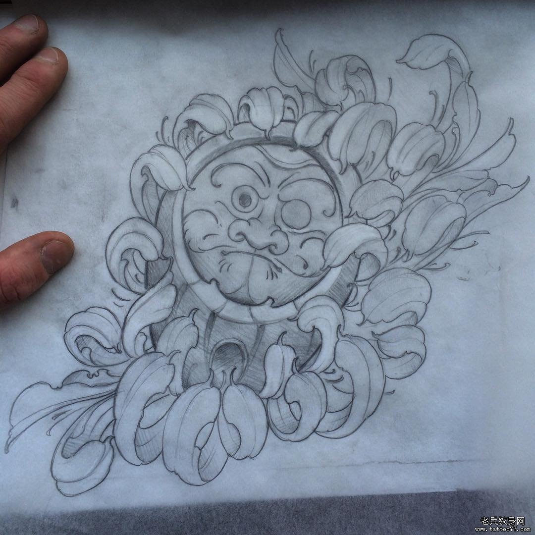 传统菊花达摩纹身图案线稿