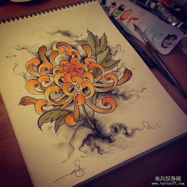 彩色传统菊花纹身图案手稿