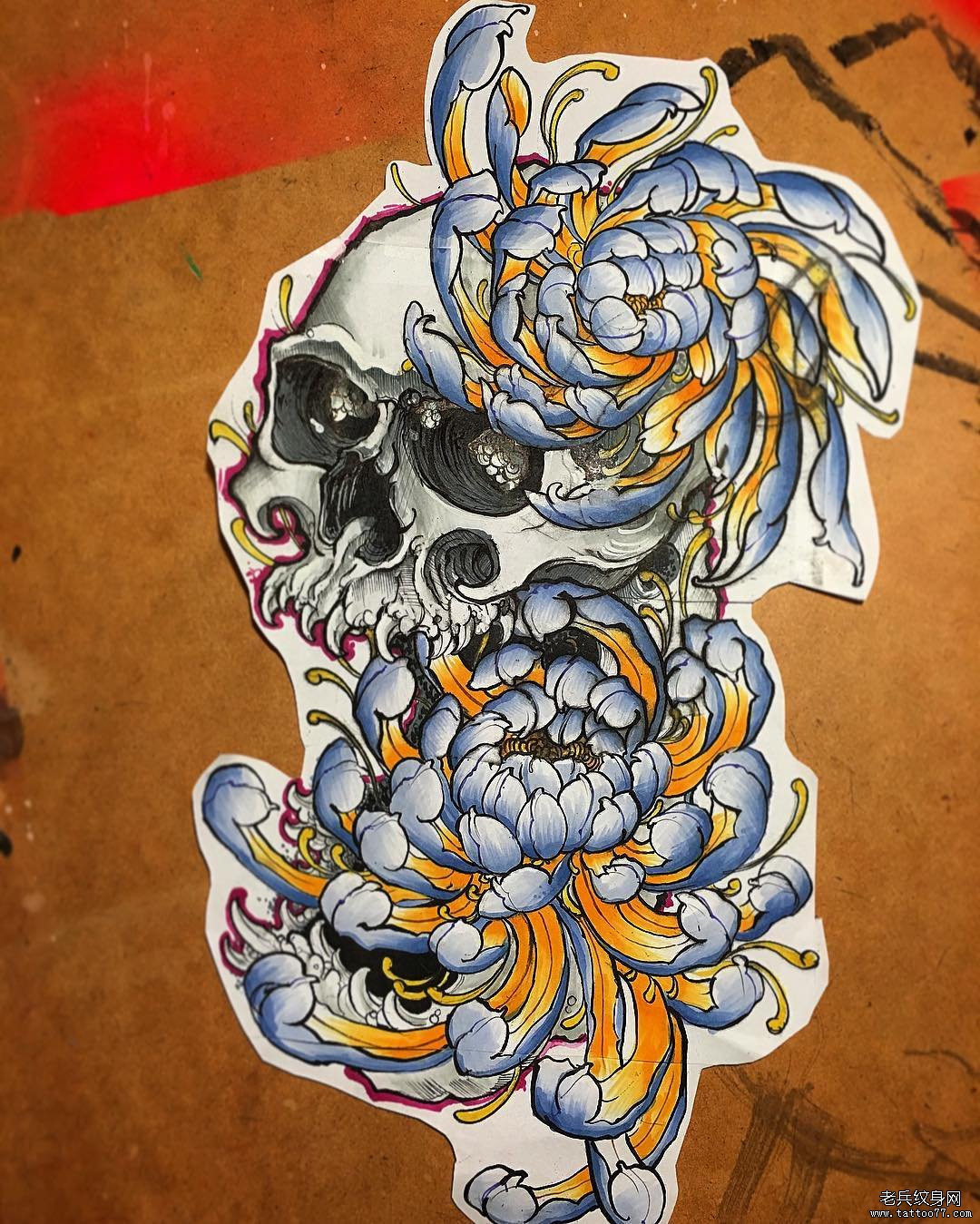 彩色骷髅传统菊花纹身图案手稿