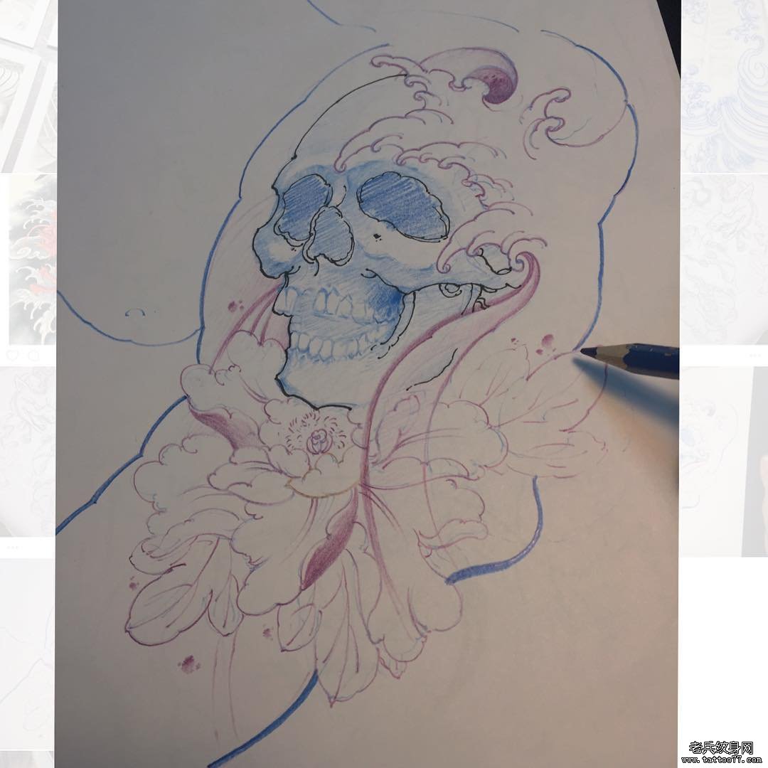 传统骷髅牡丹纹身图案线稿